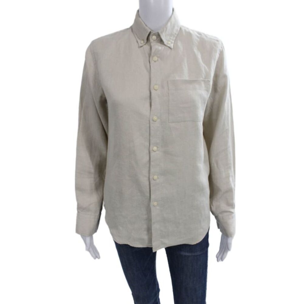 Alex Crane Mens Linen Blend Buttoned-down Shirt Beige Long Sleeve Size XS